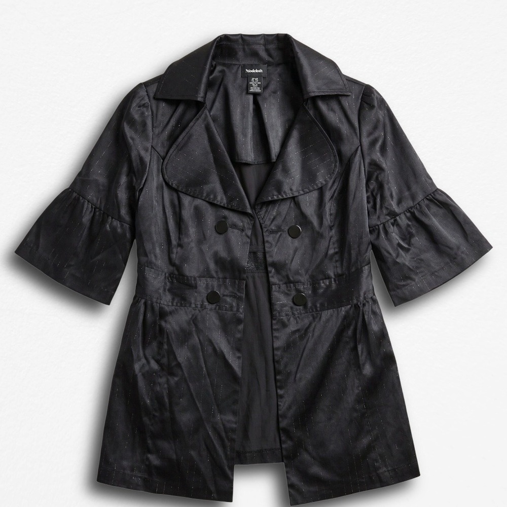 Rhapsody Black Satin‎ Glitter Pinstripe Mini Coat Short Sleeve Y2K S
